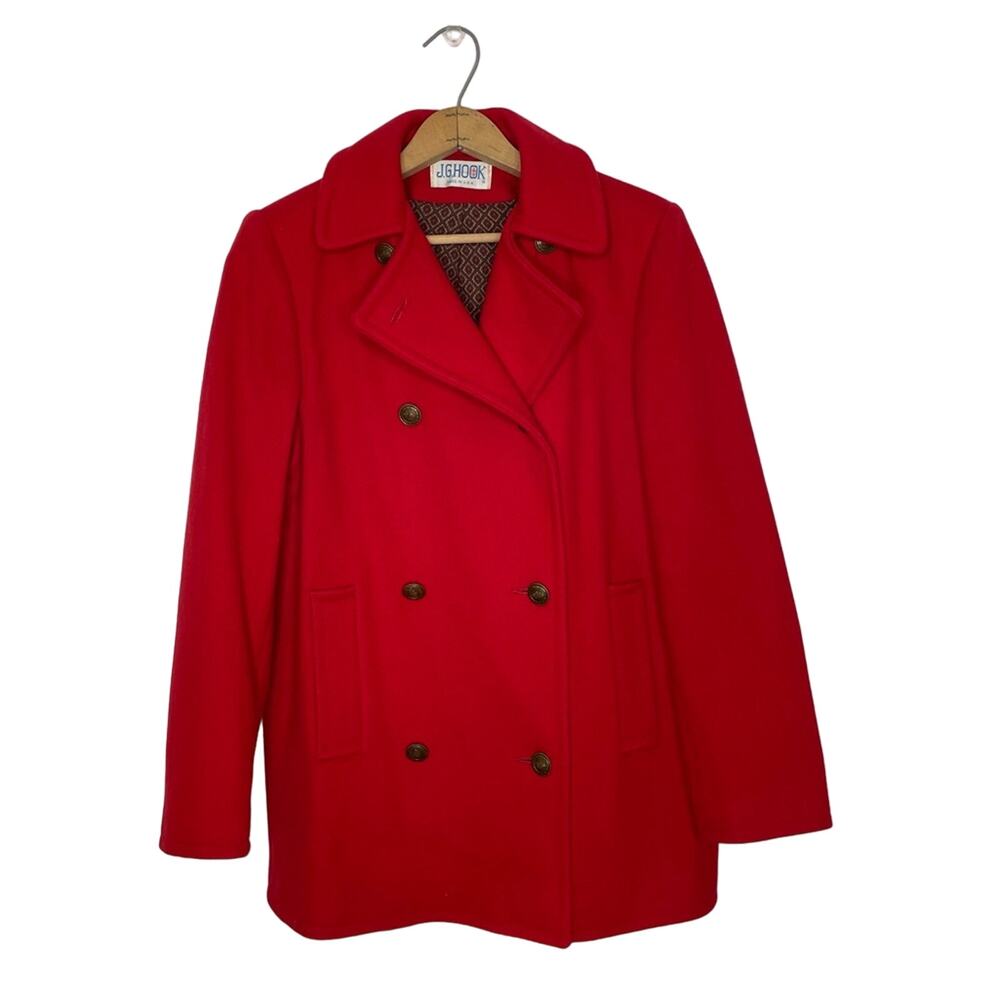 Vintage J.G. Hook Women’s Sz S Red 100% Wool Double Breasted Preppy Fall Peacoat